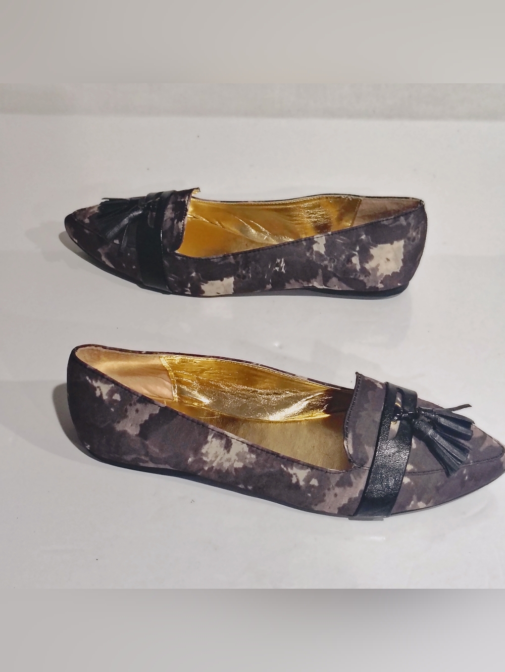 Women’s Pointed Tassel Loafers in Charcoal Camouflage Size 8.5